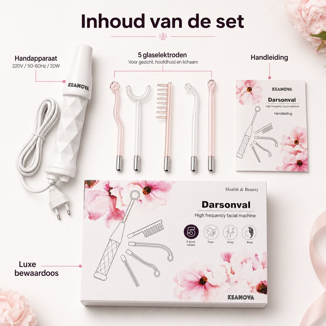 Inhoud van de KEANOVA Darsonval-set: handapparaat, vijf glaselektroden, handleiding en bewaardoos