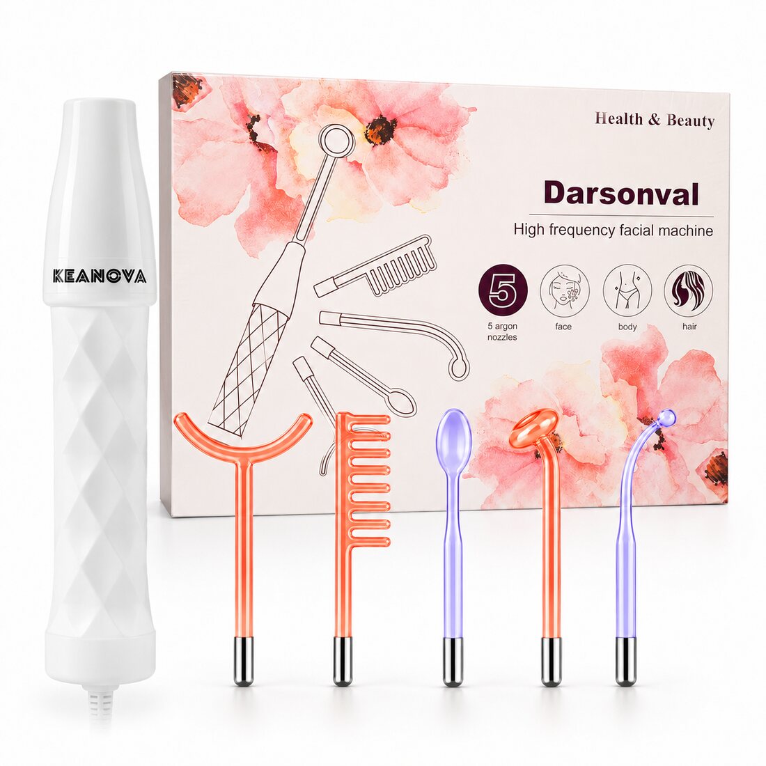 KEANOVA Darsonval: wit handapparaat met vijf glaselektroden en de verpakking
